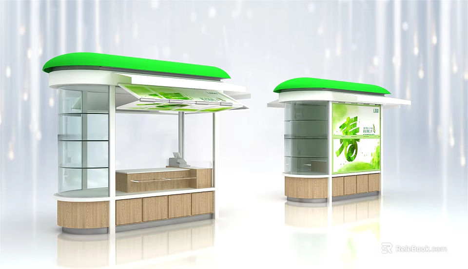 Green Roof Kiosks With Glass Display Cases Wooden Counters And Spring Theme 3d model 