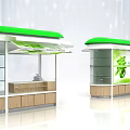 Green Roof Kiosks With Glass Display Cases Wooden Counters And Spring Theme