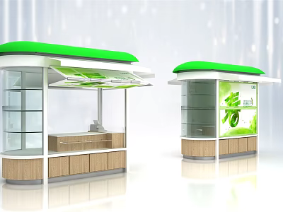 Green Roof Kiosks With Glass Display Cases Wooden Counters And Spring Theme 3d model