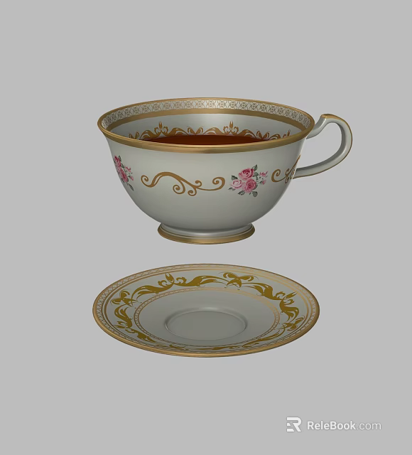 Elegant Ceramic Tableware Set With Pink Floral Patterns And Golden Trim Teacup Saucer 3d model 
