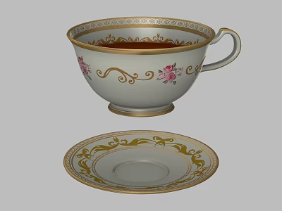 Elegant Ceramic Tableware Set With Pink Floral Patterns And Golden Trim Teacup Saucer 3d model