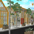 Modern Commercial Street Featuring Glass Structure Street Lamps Trees And Colorful Storefronts