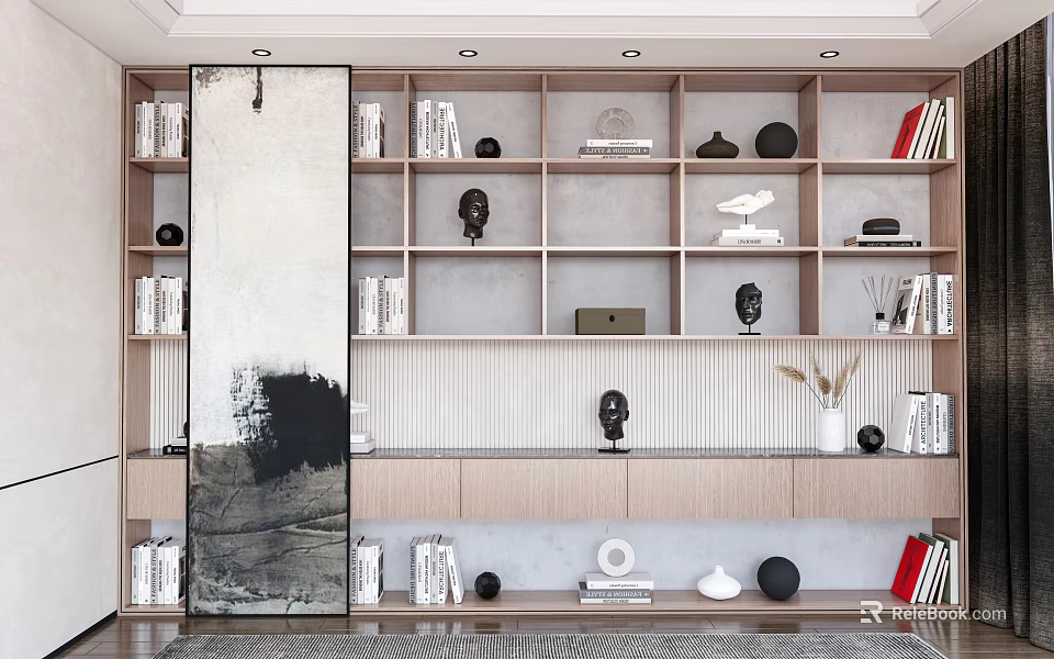 Modern Minimalist Bookcase Interior With Open Wooden Shelves Books Sculptures And Decorative Vase 3d model 