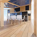 Modern Architecture Design Featuring Sloped Roofs Stone Walls Large Glass Windows Terrace With Tables Chairs