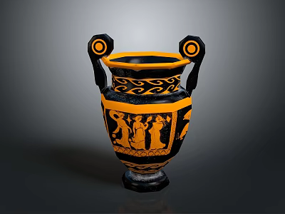 Classical Vase Sculpture Carving With Black And Orange Figural Designs And Double Handles 3d model