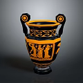 Classical Vase Sculpture Carving With Black And Orange Figural Designs And Double Handles