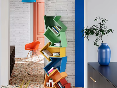 Colorful Geometric Bookshelf With Orange Chair Blue Vase And Plant In Modern Room 3d model