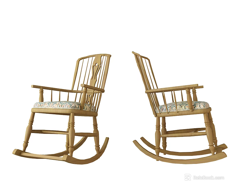 Wooden Rocking Chairs With Carved Details And Patterned Seat Cushions For Indoor Home Interior 3d model 