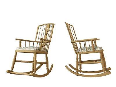 Wooden Rocking Chairs With Carved Details And Patterned Seat Cushions For Indoor Home Interior 3d model