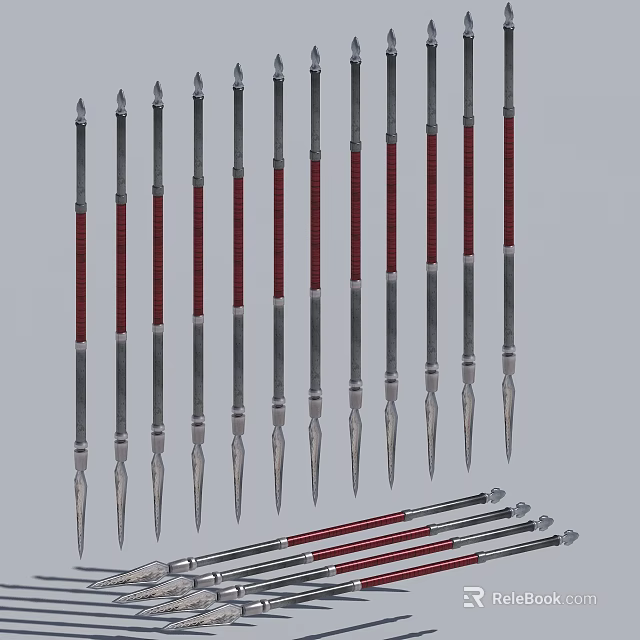 Multiple Spears With Red And Silver Shafts And Metal Spearheads Arranged Neatly 3d model 