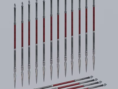Multiple Spears With Red And Silver Shafts And Metal Spearheads Arranged Neatly 3d model