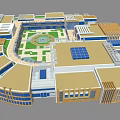 Cartoon Scene of Round Building Complex With Central Green Courtyard and Multi story Blue Windows