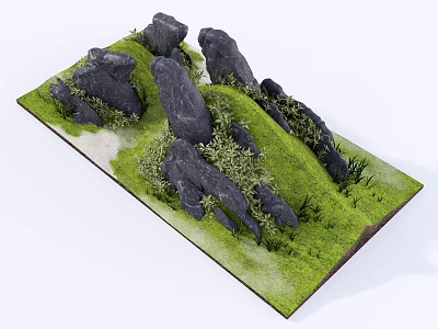 Garden Miniature Design With Green Grass Large Rocks And Small Plants 3d model