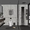 Modern Bathroom Interior With Marble Walls Toilet Vanity Shower And City View Window