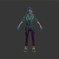 Full Body Character In Blue Hoodie With Yellow Stripes Standing On Gray Background