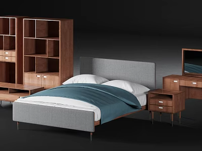 Modern Double Bed with Grey Headboard Blue Quilt White Pillows Wooden Nightstand Bookshelf and Dresser 3d model