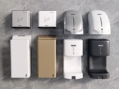 Stylish Bathroom Accessories Featuring Soap Dispensers Hand Dryers And Various Colors 3d model