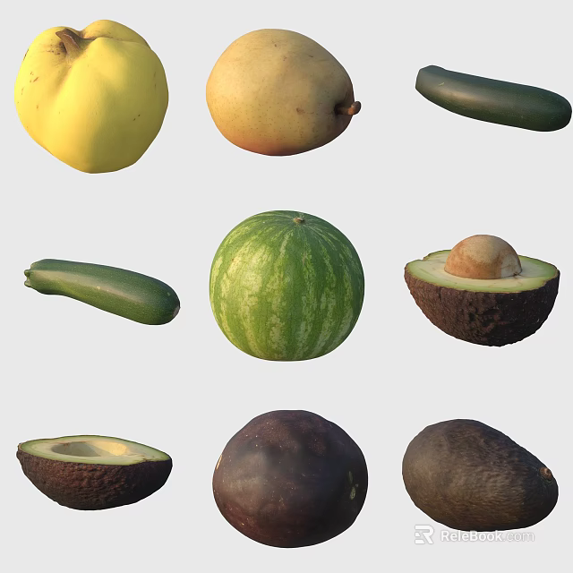 Fresh Healthy Assorted Fruits Including Watermelon Avocado Mango and Ripe Melon 3d model 