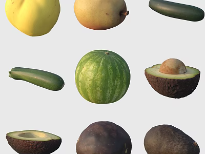 Fresh Healthy Assorted Fruits Including Watermelon Avocado Mango and Ripe Melon 3d model