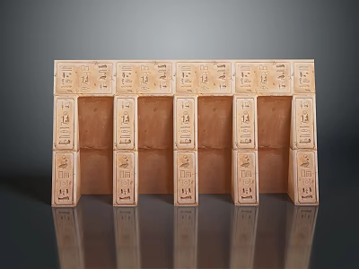 Wooden Carved Architectural Components Arranged in Rows with Intricate Patterns on Reflective Gray Surface 3d model