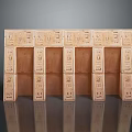 Wooden Carved Architectural Components Arranged in Rows with Intricate Patterns on Reflective Gray Surface 3d model