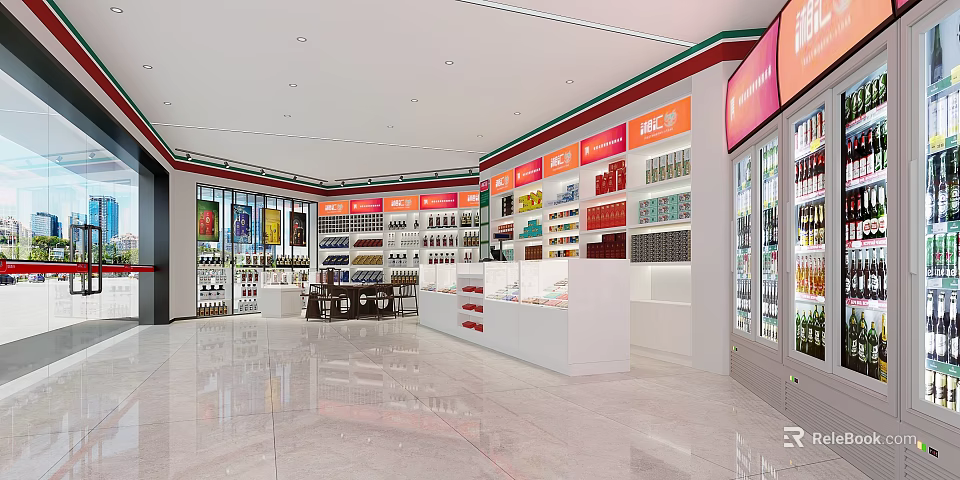 Modern Liquor and Tobacco Store Interior With Shelves Display Counters And Products 3d model 