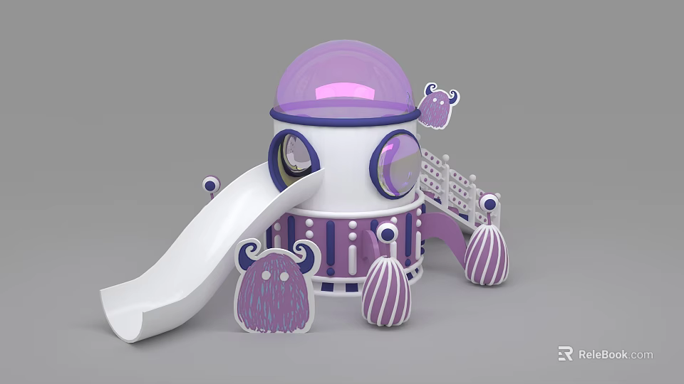 Purple And White Kids Play Structure With Slide Round Windows And Monster Patterns 3d model 