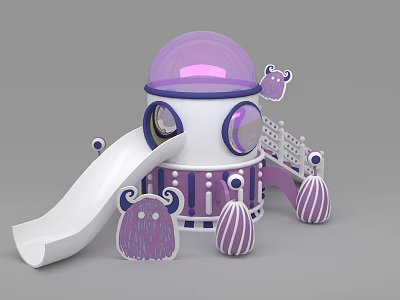 Purple And White Kids Play Structure With Slide Round Windows And Monster Patterns 3d model