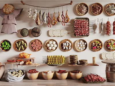 Traditional Assorted Foods Display On Wall And Shelves 3d model Traditional Assorted Foods Display On Wall And Shelves 3d model