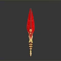 Vibrant Red Spear Weapon With Sharp Blade And Ornate Golden Handle Design