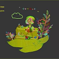 Little Girl Enjoying Summer Time Eating Watermelon With Green Plants Clouds And Heart Decorations