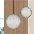 Stylish Round Fabric Pendant Lights Against Wooden Wall With City View