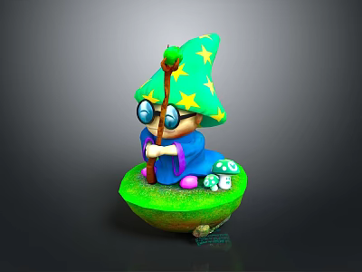 Cartoon Wizard With Green Star Hat Magic Wand Blue Robe Green Base And Small Mushrooms 3d model