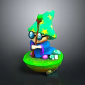 Cartoon Wizard With Green Star Hat Magic Wand Blue Robe Green Base And Small Mushrooms