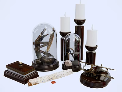 Decorative Ornament Set With Glass Cloches Candle Holders Wooden Bases And Airplane Model 3d model