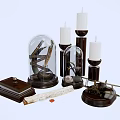 Decorative Ornament Set With Glass Cloches Candle Holders Wooden Bases And Airplane Model