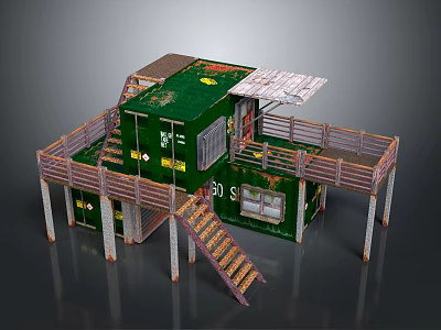Rural Self Built House Converted From Green Containers With Wooden Balcony And Stacked Structure 3d model