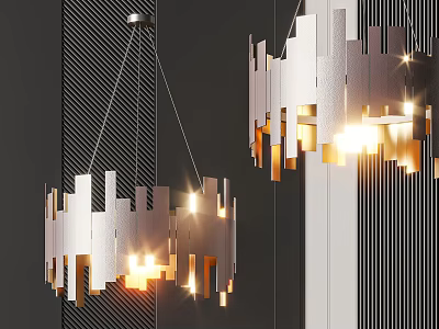 Modern Geometric Cut Metallic Chandelier with Glowing Light on Dark Striped Wall Background 3d model