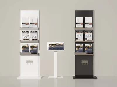 Multi Layer Brochure Display Stands In White Black With Small Sign Holder And Brochures 3d model