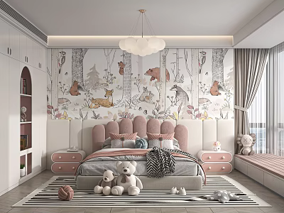 Kids Room Interior With Animal Tree Wallpaper Pink Headboard Stuffed Toys Chandelier And Rug 3d model