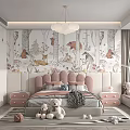 Kids Room Interior With Animal Tree Wallpaper Pink Headboard Stuffed Toys Chandelier And Rug