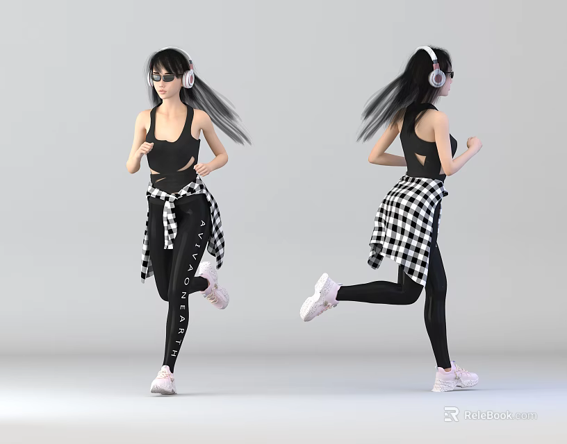 Active Woman Running in Black Athletic Outfit With Headphones and Checkered Jacket 3d model 