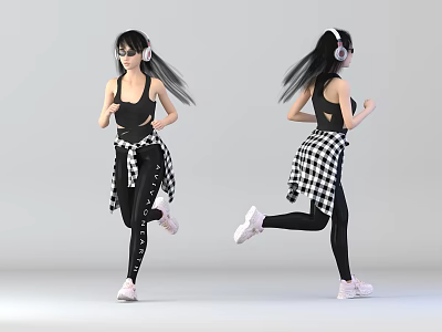 Active Woman Running in Black Athletic Outfit With Headphones and Checkered Jacket 3d model