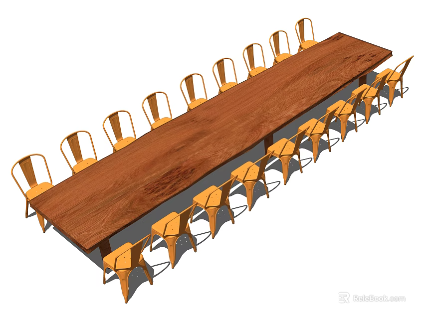 Long Wooden Dining Table Set With Yellow Chairs For Group Gatherings 3d model 