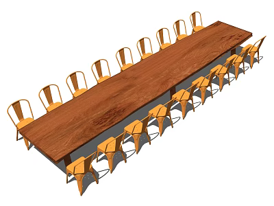 Long Wooden Dining Table Set With Yellow Chairs For Group Gatherings 3d model