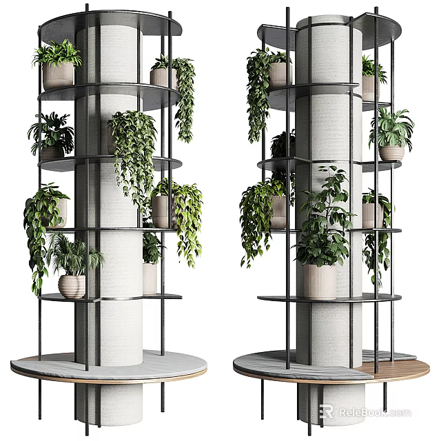 Stylish White Pillar With Black Metal Multi tiered Shelves And Potted Plants On Circular Base 3d model 