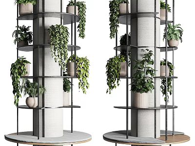 Stylish White Pillar With Black Metal Multi tiered Shelves And Potted Plants On Circular Base 3d model