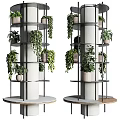 Stylish White Pillar With Black Metal Multi tiered Shelves And Potted Plants On Circular Base