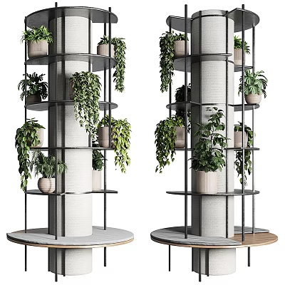 Stylish White Pillar With Black Metal Multi tiered Shelves And Potted Plants On Circular Base 3d model