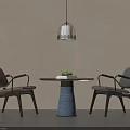 Modern Negotiation Round Table With Two Armchairs And Blue White Patterned Base Under Pendant Light 3d model